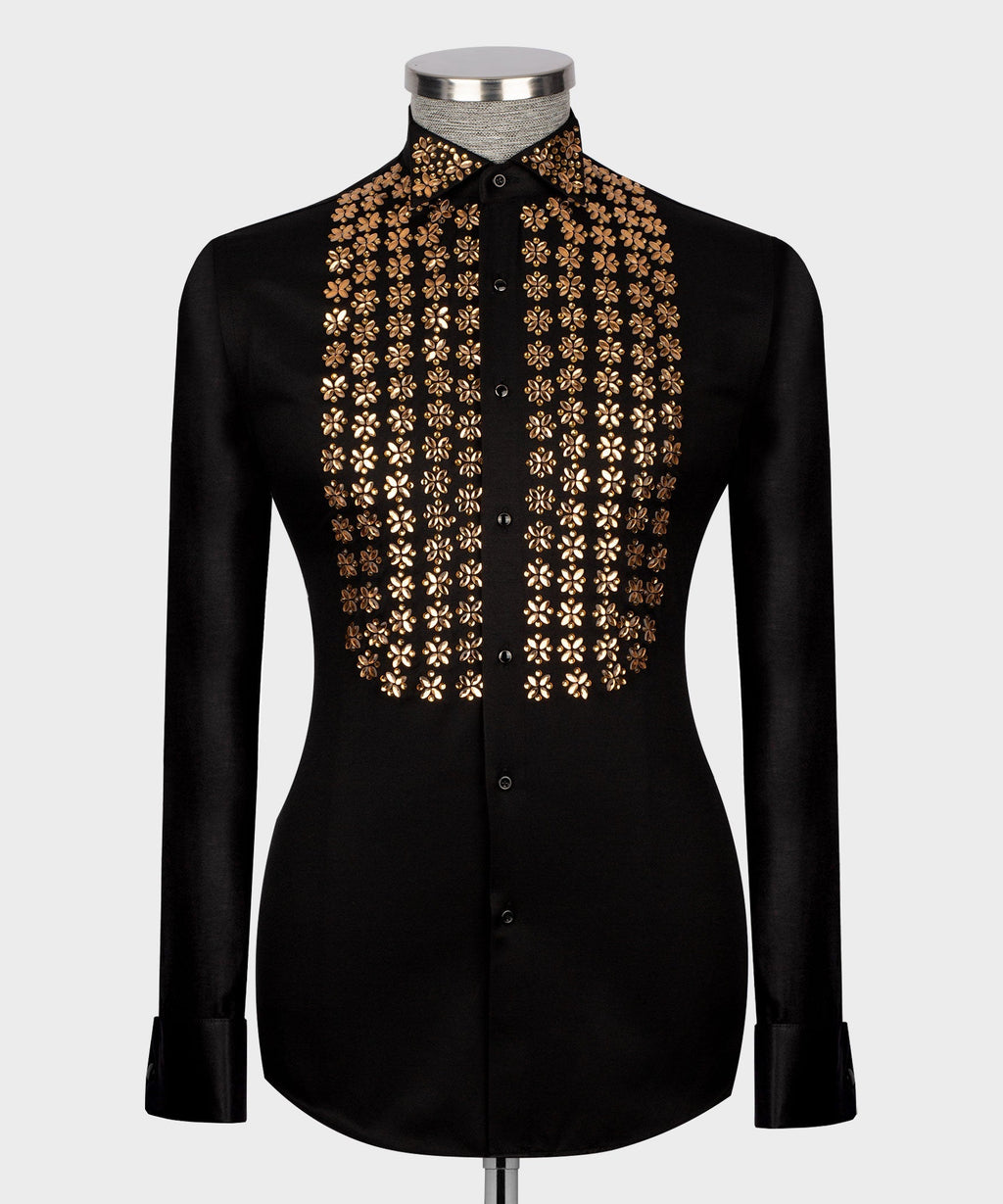 Men's luxury black dress shirt featuring gold floral studded embellishments on the chest and collar, styled for prom and red carpet events.