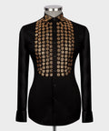 Men's luxury black dress shirt featuring gold floral studded embellishments on the chest and collar, styled for prom and red carpet events.