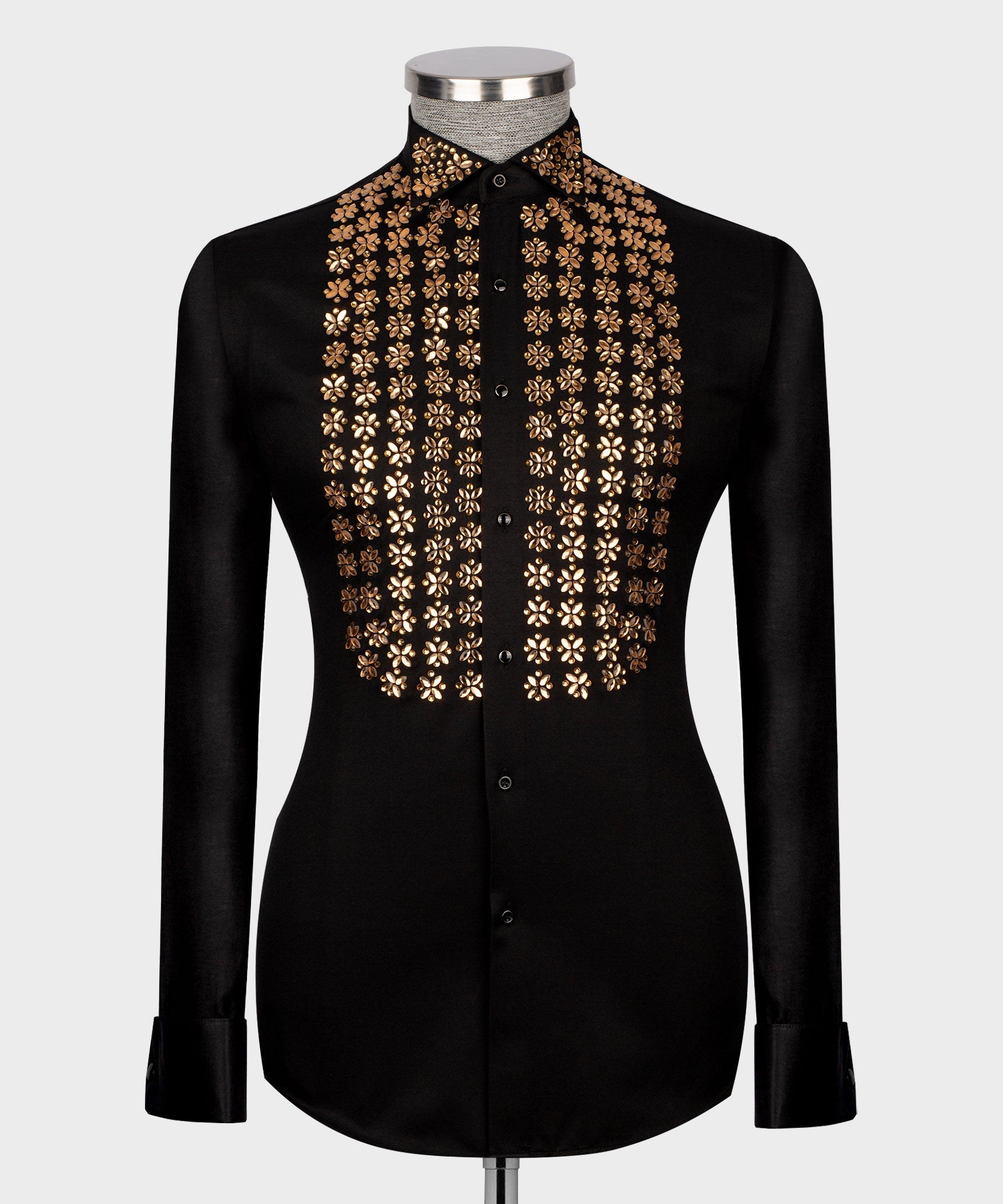 Men's luxury black dress shirt featuring gold floral studded embellishments on the chest and collar, styled for prom and red carpet events.