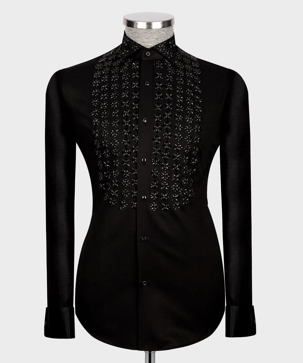 Men's luxury black dress shirt featuring tonal black crystal floral studded embellishments on the chest and collar, styled for US prom and red carpet events.