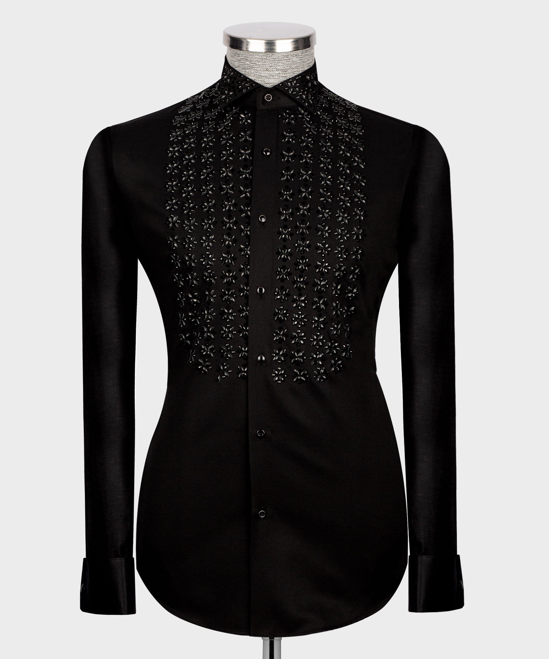 Men's luxury black dress shirt featuring tonal black crystal floral studded embellishments on the chest and collar, styled for US prom and red carpet events.