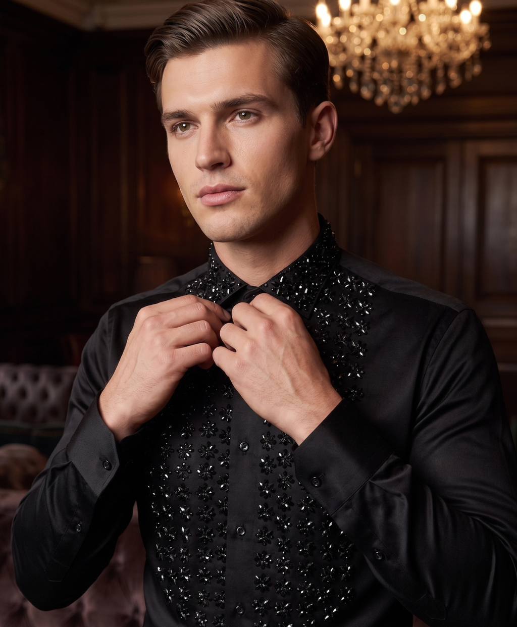 Man adjusting a black bow tie with a chandelier in the background