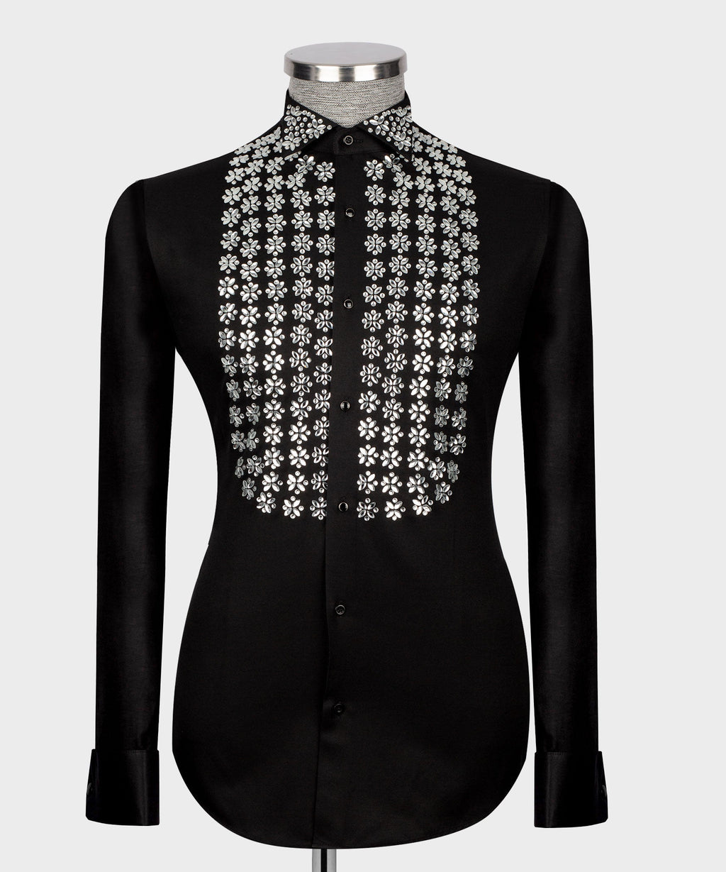 Men's luxury black dress shirt featuring silver crystal floral studded embellishments on the chest and collar, styled for US prom and red carpet events.