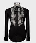 Men's luxury black dress shirt featuring silver crystal floral studded embellishments on the chest and collar, styled for US prom and red carpet events.
