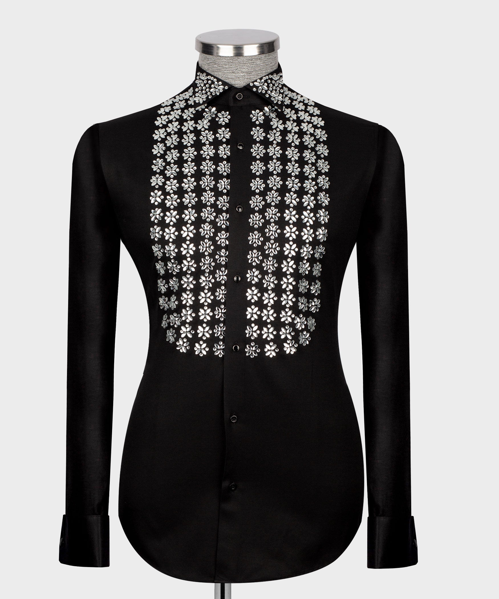 Men's luxury black dress shirt featuring silver crystal floral studded embellishments on the chest and collar, styled for US prom and red carpet events.
