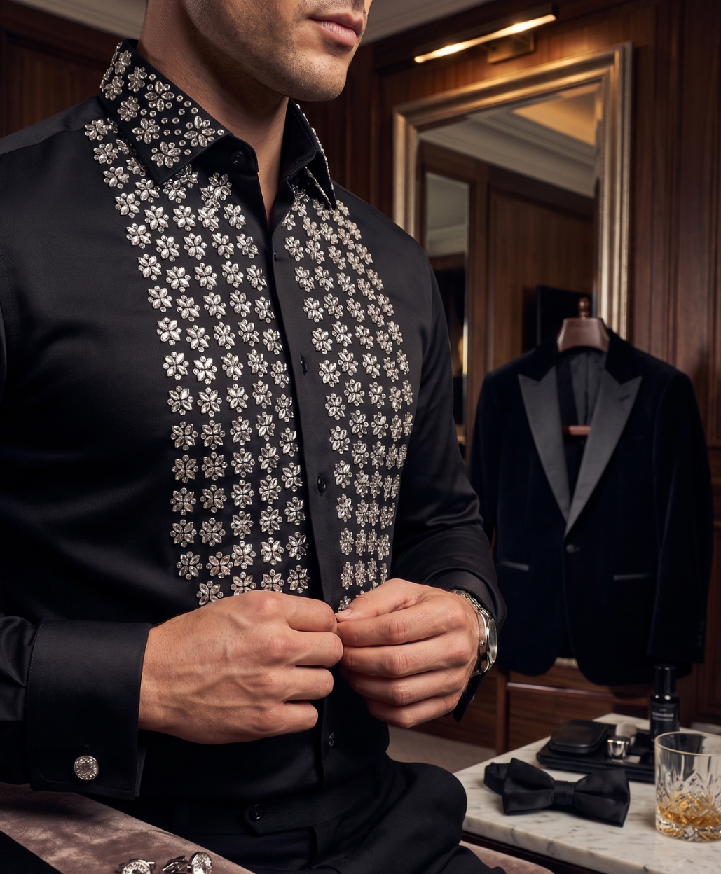 Man adjusting his black shirt with floral embroidery in a room with a mirror and suit.