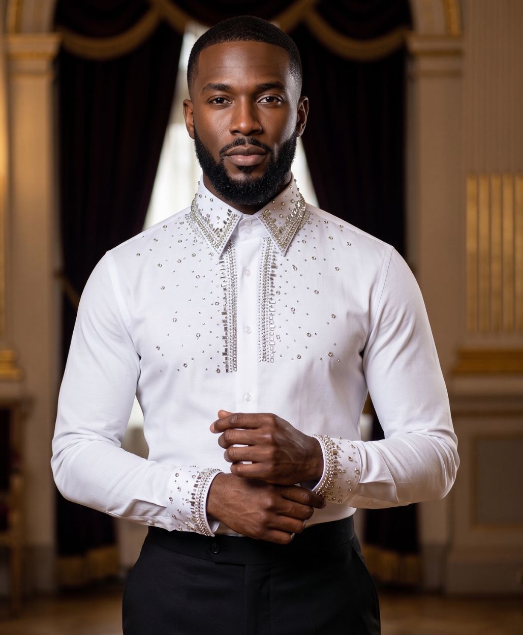 Men's pristine white long-sleeve dress shirt featuring icy clear crystal and silver rhinestone embellishments on the collar, cuffs, and along the front button placket