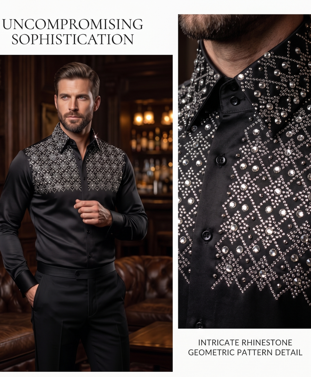 Men's Black & Silver Rhinestone Geometric Yoke Dress Shirt | Koss Atelier