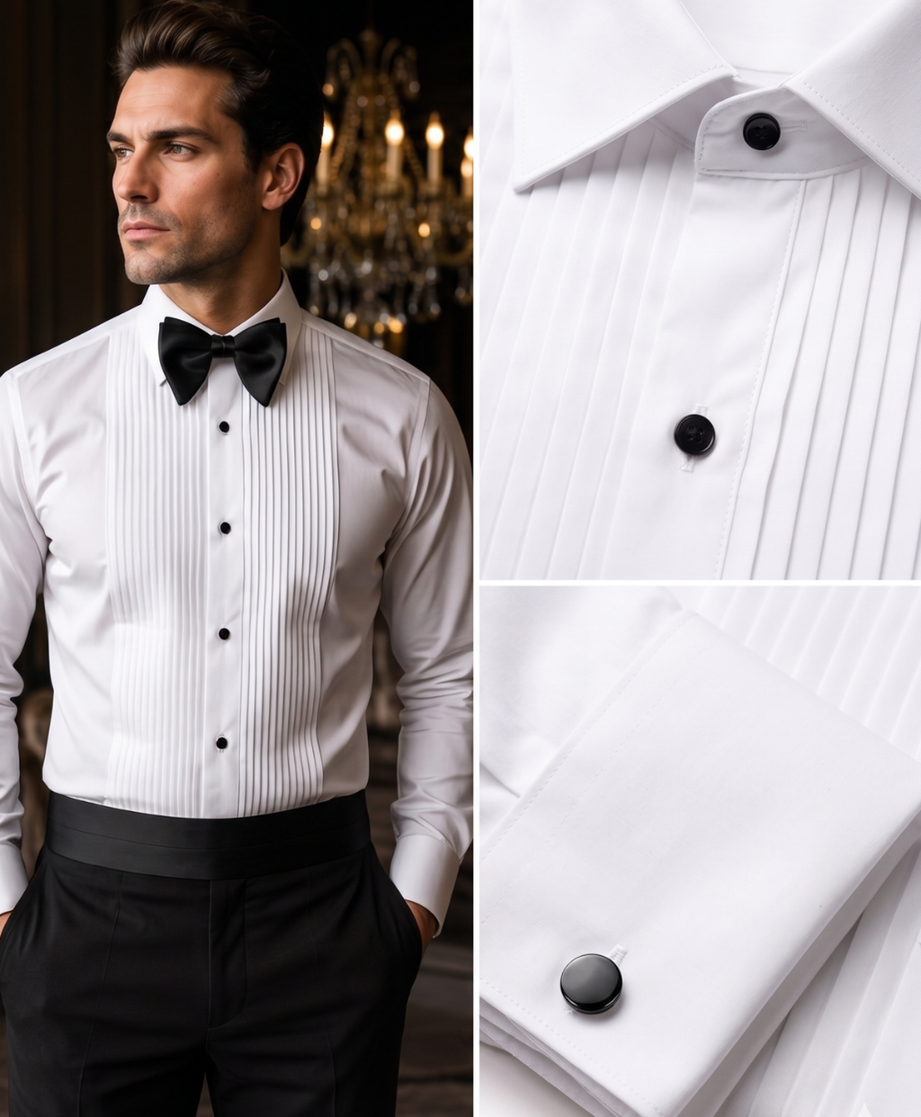 Man wearing a white dress shirt with black bow tie and cufflinks, standing in a room with chandelier.