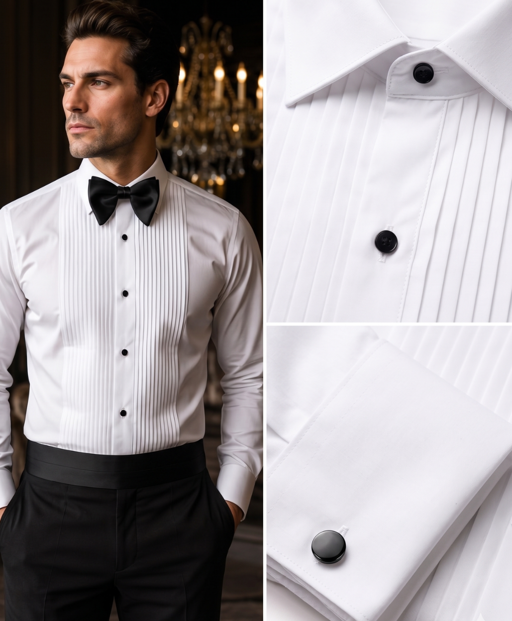 Man wearing a white dress shirt with black bow tie and cufflinks, standing in a room with chandelier.