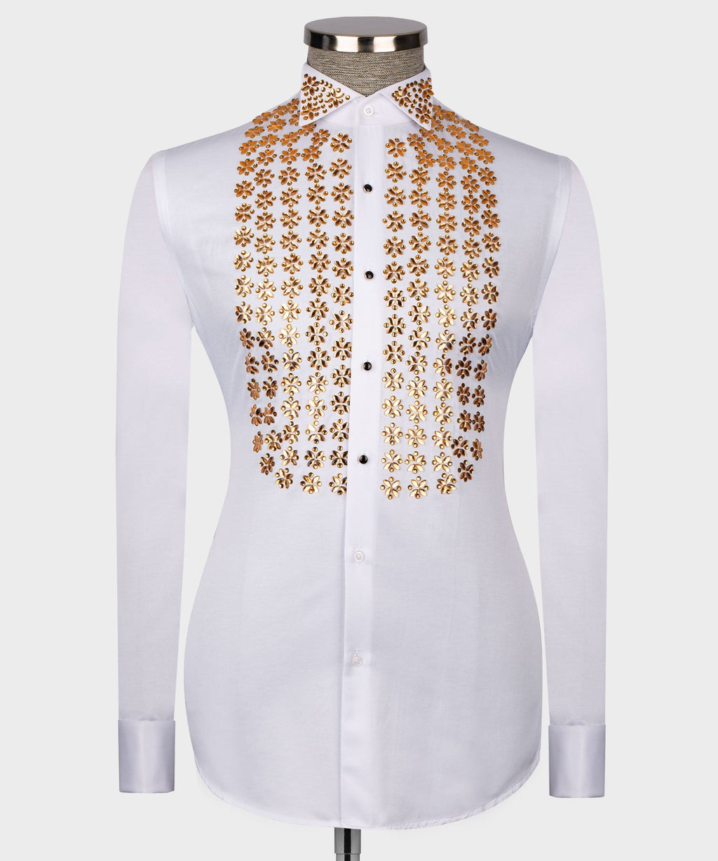 Men's luxury white dress shirt featuring gold floral studded embellishments on the chest and collar, styled for US prom and red carpet events.