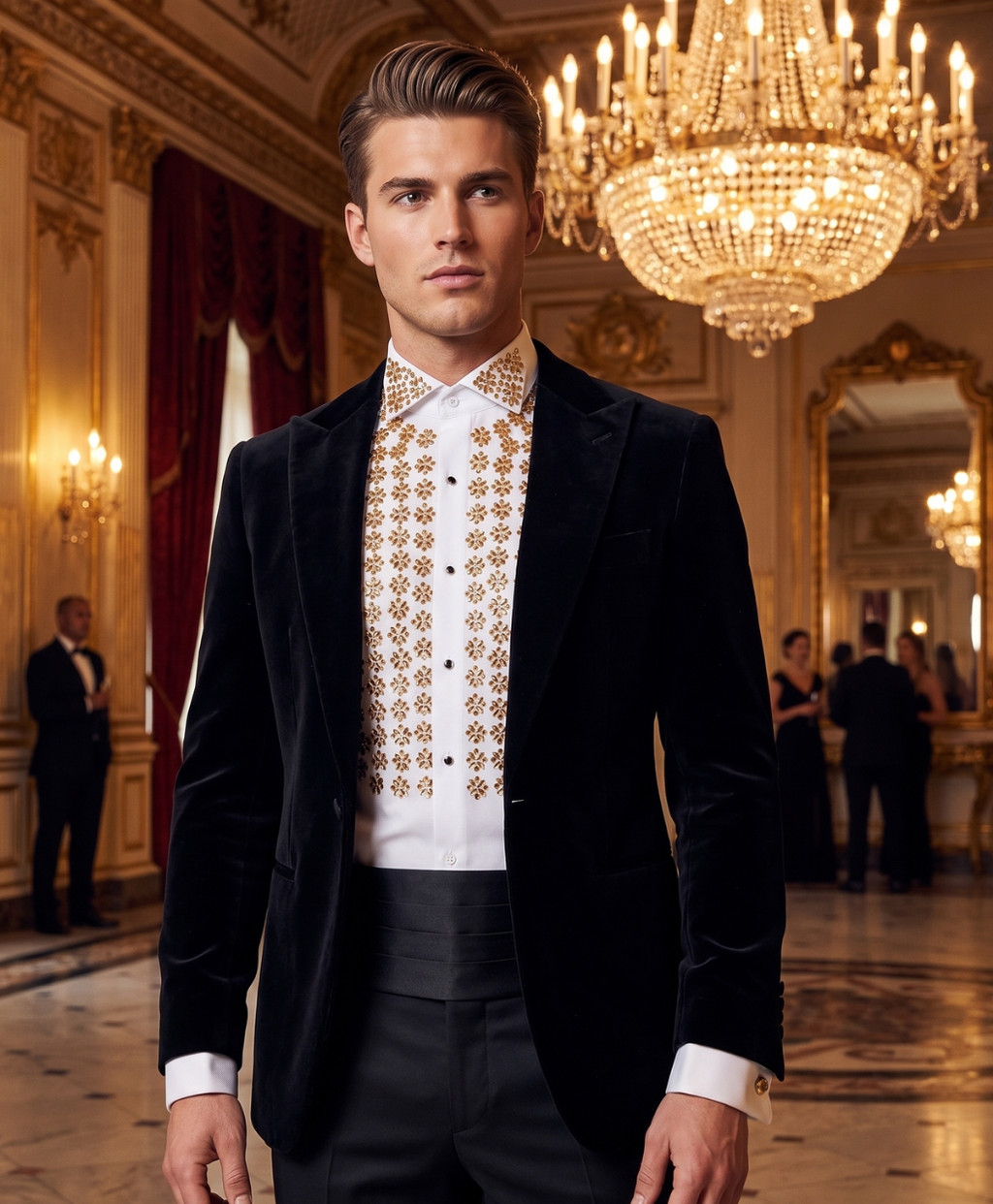 White & Gold Embellished Floral Tuxedo Shirt | Koss Atelier