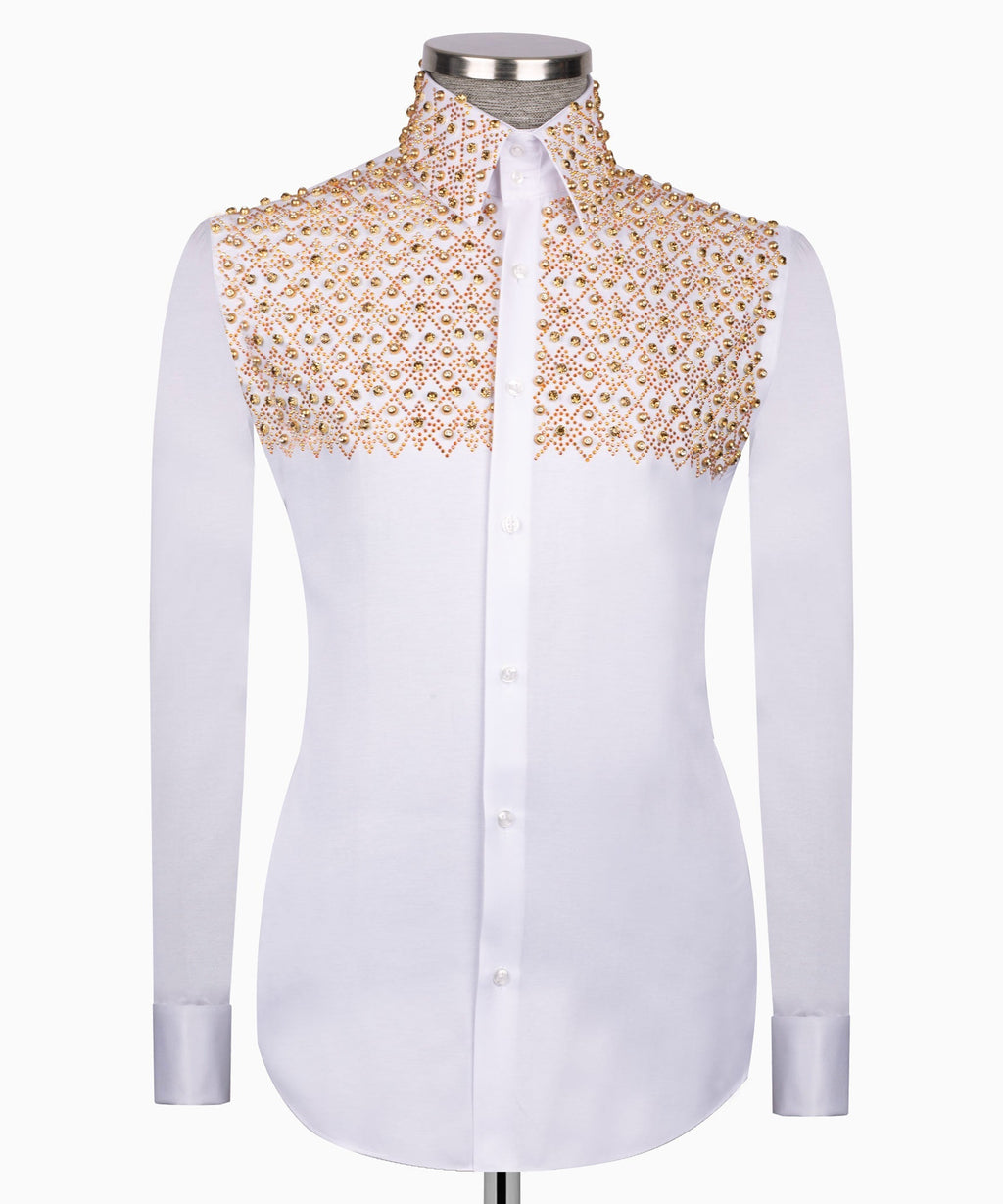 Men's luxury white dress shirt featuring a gold geometric diamond studded pattern across the upper chest and collar, styled for US prom wear.