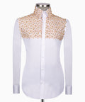 Men's luxury white dress shirt featuring a gold geometric diamond studded pattern across the upper chest and collar, styled for US prom wear.