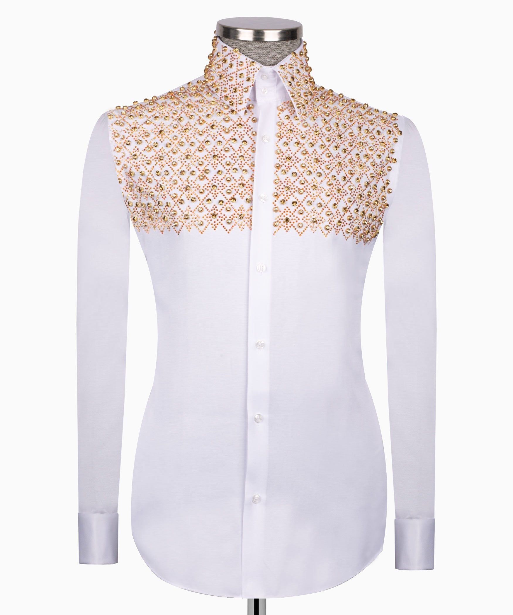 Men's luxury white dress shirt featuring a gold geometric diamond studded pattern across the upper chest and collar, styled for US prom wear.