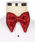 Koss Atelier red metallic embossed bow tie with a sharp, pointed design on a white dress shirt.