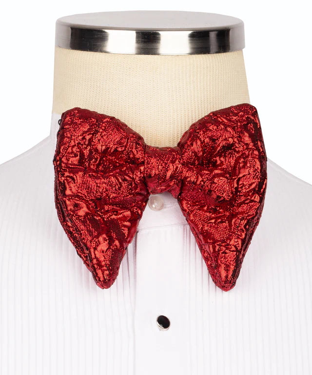 Koss Atelier red metallic embossed bow tie with a sharp, pointed design on a white dress shirt.