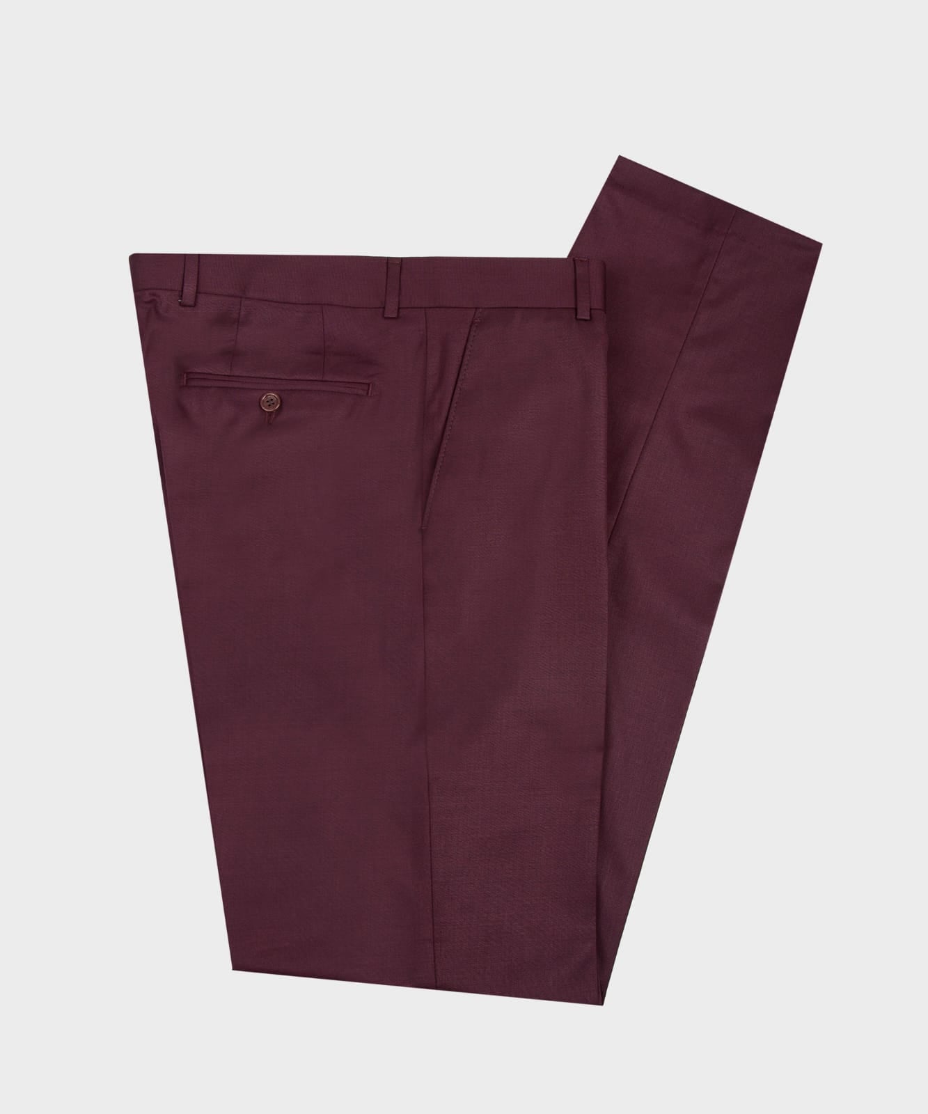 Burgundy dress pants with belt loops, zip fly, and button closure
